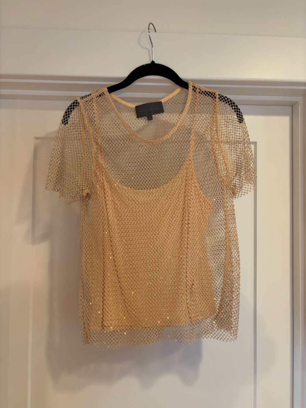 Anthropologie Metallic Mesh Short Sleeve Top in Gold